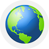 A green and blue globe is shown on the white background.